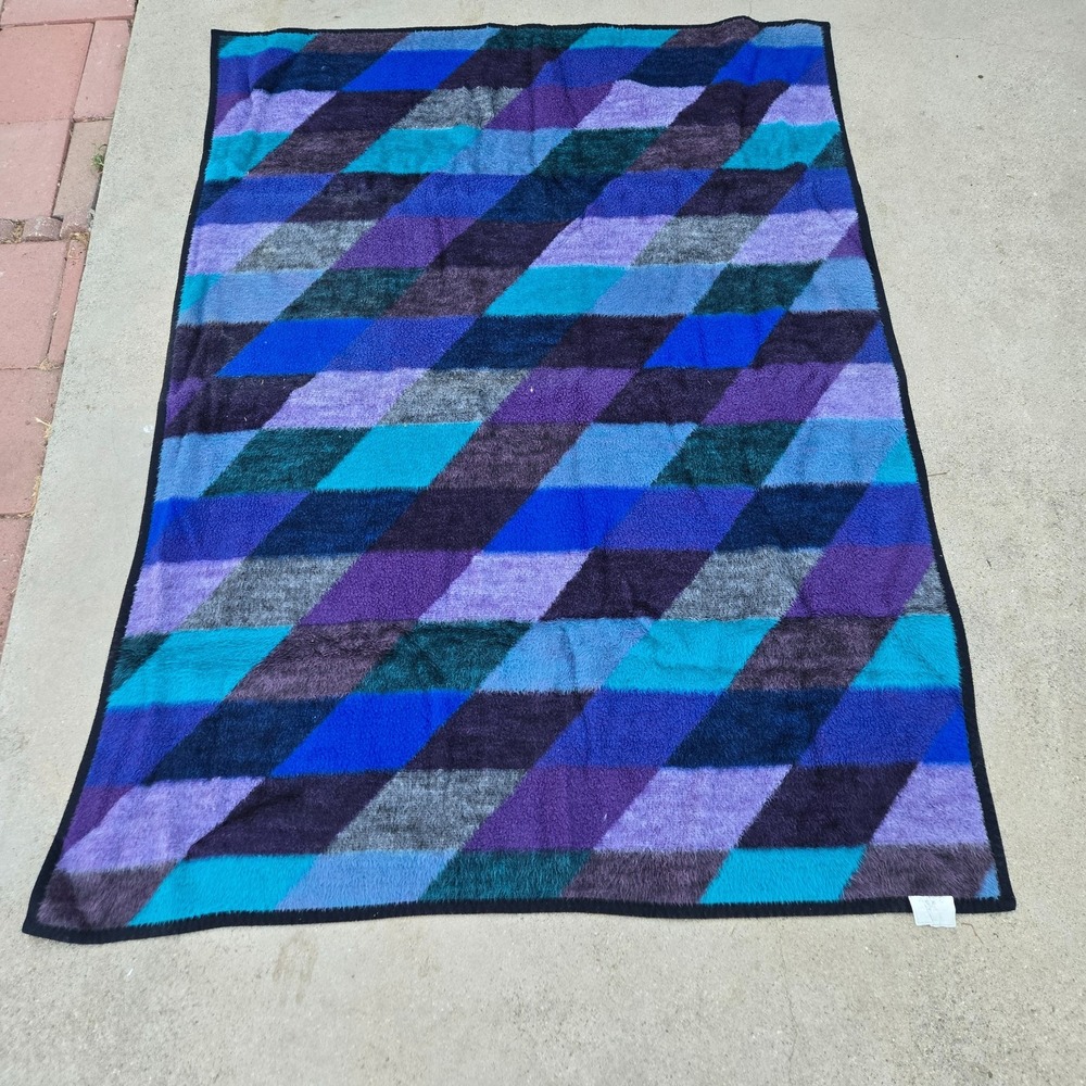 Vtg Biederlack Purple Blue Teal Plaid Checkered Fleece Blanket USA